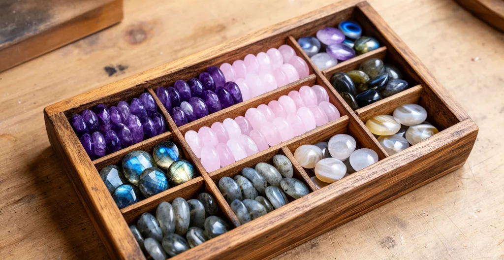 Rangées de perles de pierres naturelles dans des compartiments de tri en bois