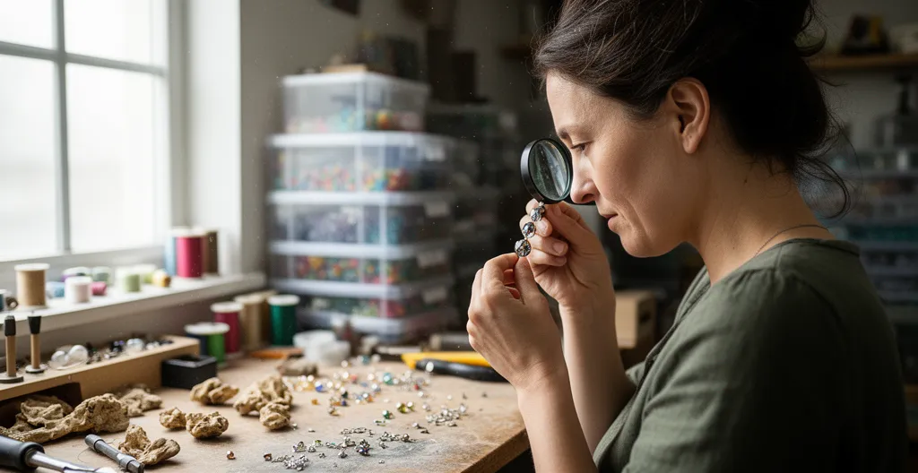 Créatrice examinant une pierre avec une loupe de gemmologue sur son établi