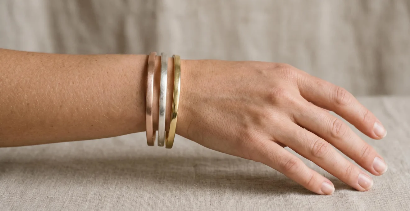 Gros plan sur un poignet portant trois bracelets joncs minimalistes superposés en or rose, argent brossé et or jaune sur fond beige neutre