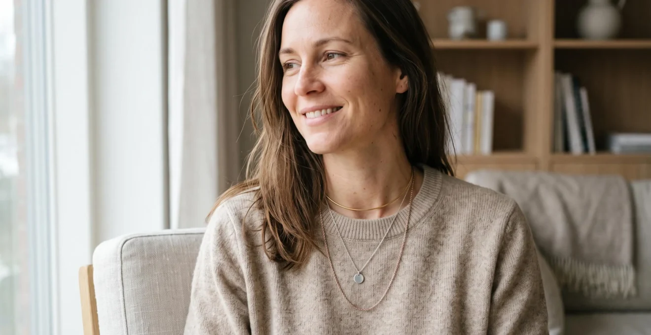 Portrait épaules-cou d'une femme en pull beige portant trois colliers minimalistes superposés en or, argent et or rose avec lumière naturelle latérale