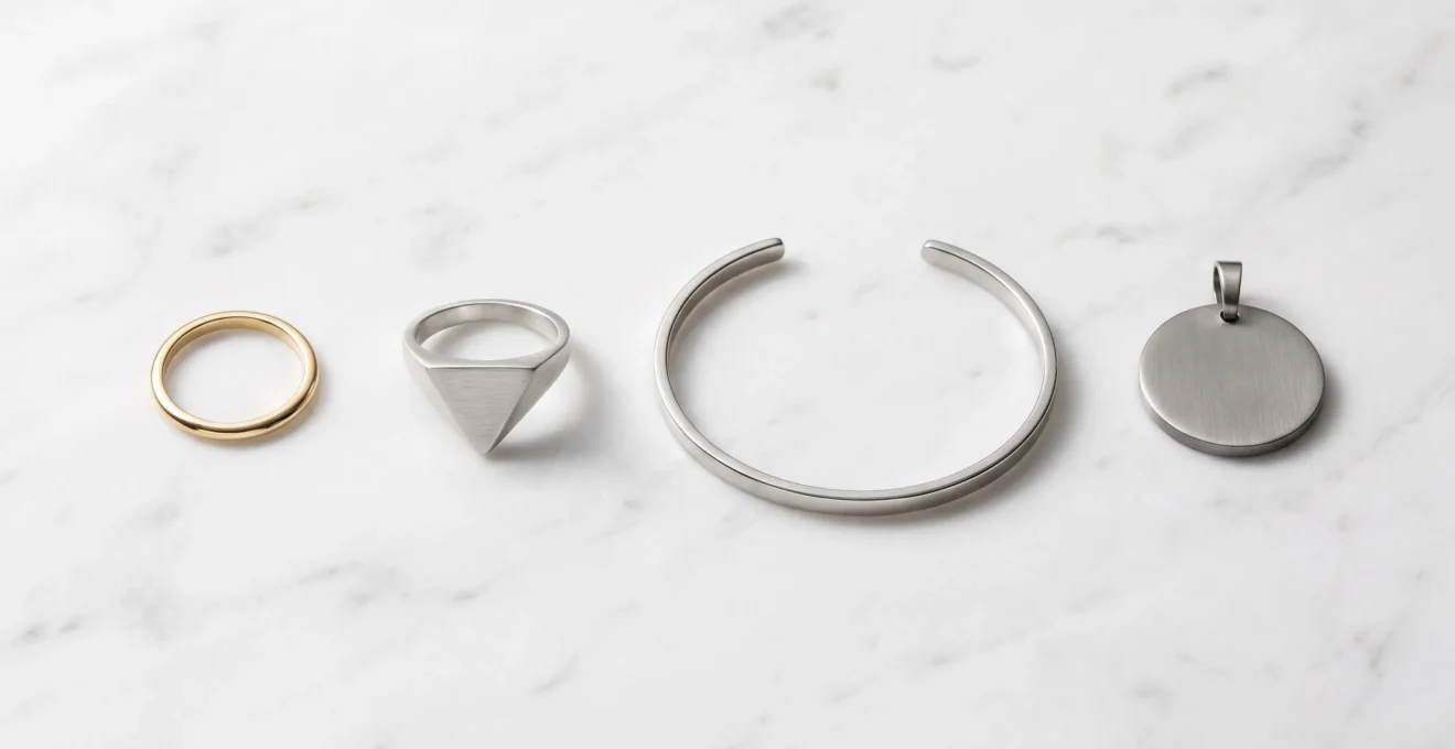 Quatre bijoux minimalistes en or jaune, argent brossé, platine et titane disposés sur marbre blanc veiné de gris avec ombres portées douces
